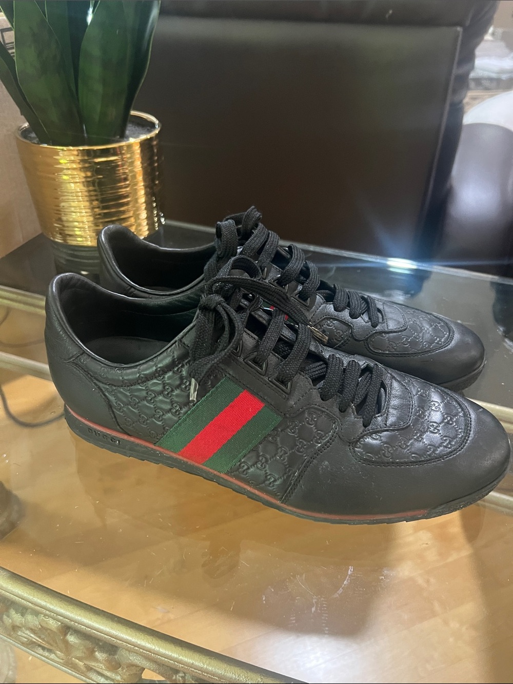 Gucci Black Leather Men's Sneakers with Red & Green Web Stripe